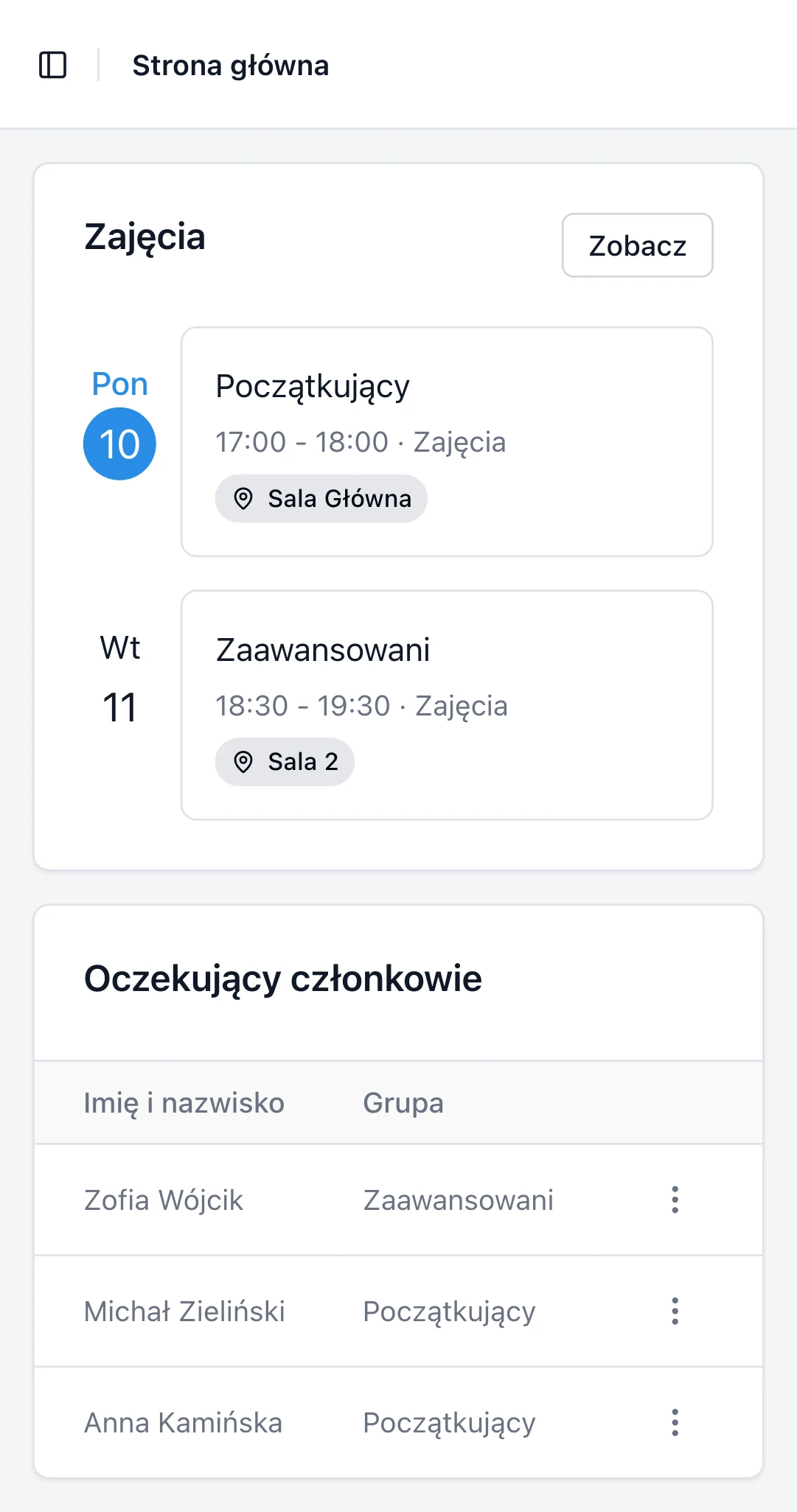 Lider otwiera TeamM w telefonie i widzi zajęcia z tego tygodnia oraz osoby czekające na akceptację.
